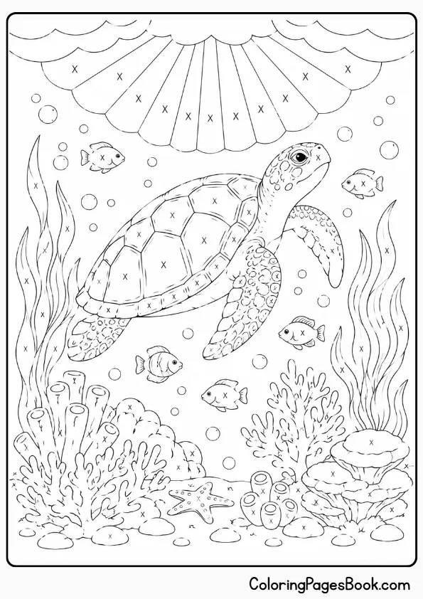 Monochrome underwater coloring page — sea turtle fish and coral with X marks for single color ocean scene
