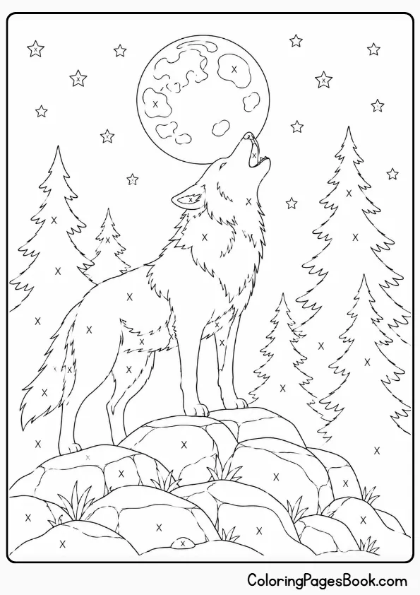 Monochrome wolf coloring page — howling wolf on a rocky hilltop with moon and X marks for one color coloring