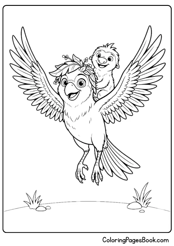 Ollie riding with Ivy during a flying adventure coloring page