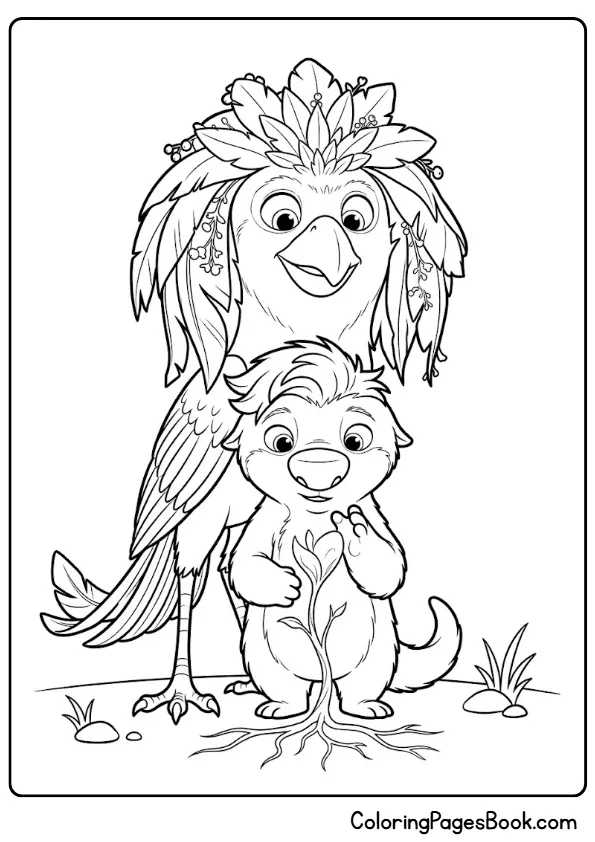 Ollie and Ivy standing beside the magical swap plant in a Swapped coloring page