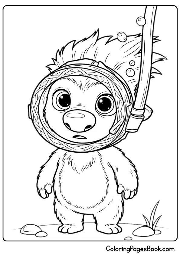 Ollie wearing an explorer helmet in a printable coloring page