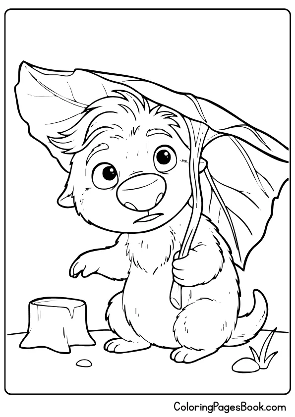Ollie the Pookoo holding a giant leaf umbrella in a Swapped coloring page