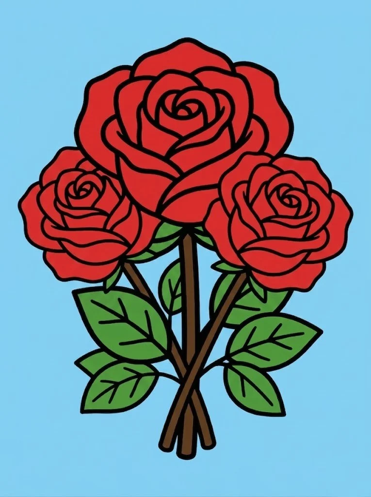 Colored Multiple roses simple easy coloring page