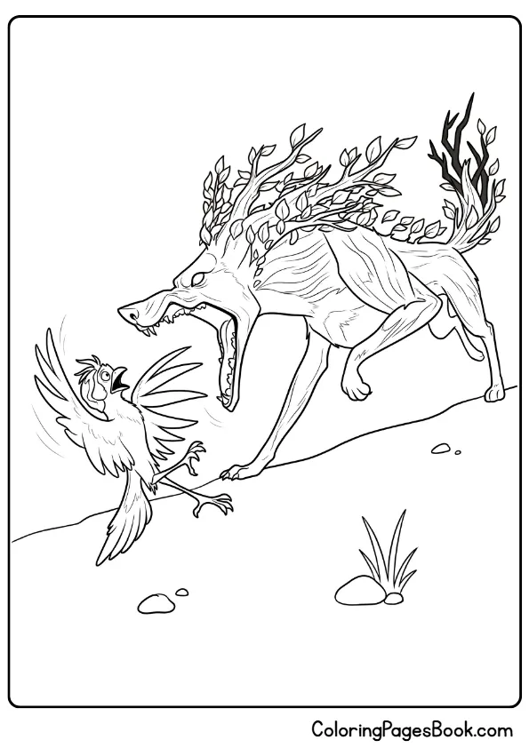 Treewolf chasing Ivy the Javan bird character coloring page from Swapped