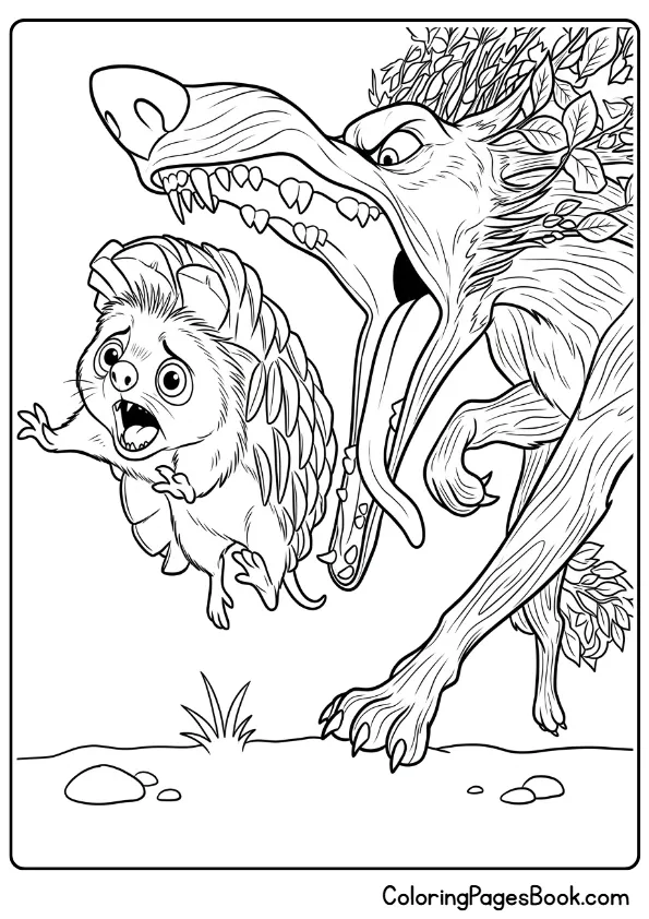 Treewolf chasing small Ollie Pookoo creature coloring page from Swapped